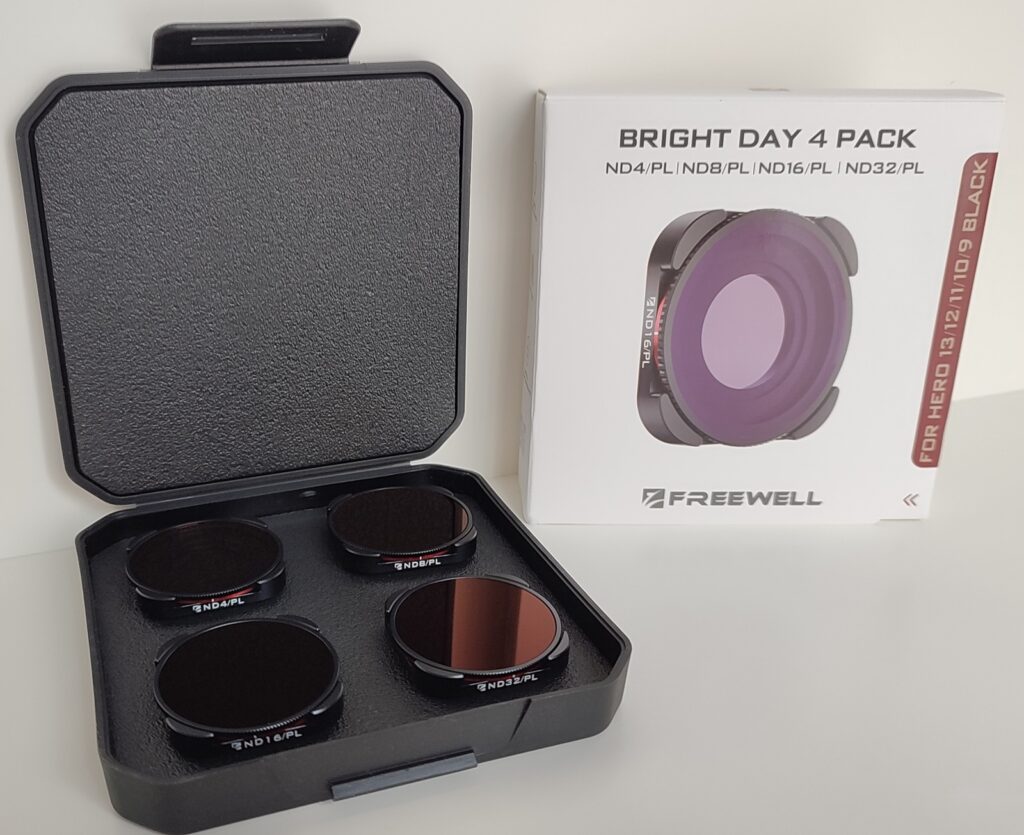 Freewell Bright Day 4 Pack Filters for GoPro 13 — open box with filters and packaging beside it