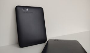 Western Digital 2TB HDD side view unconnected, external hard drive with USB port